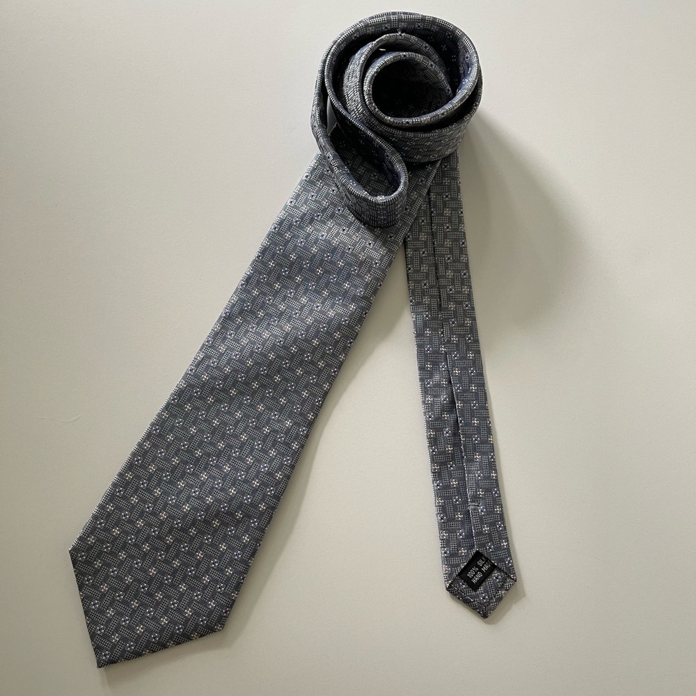 Hand made silk tie. 60” by 3.5” blue grey